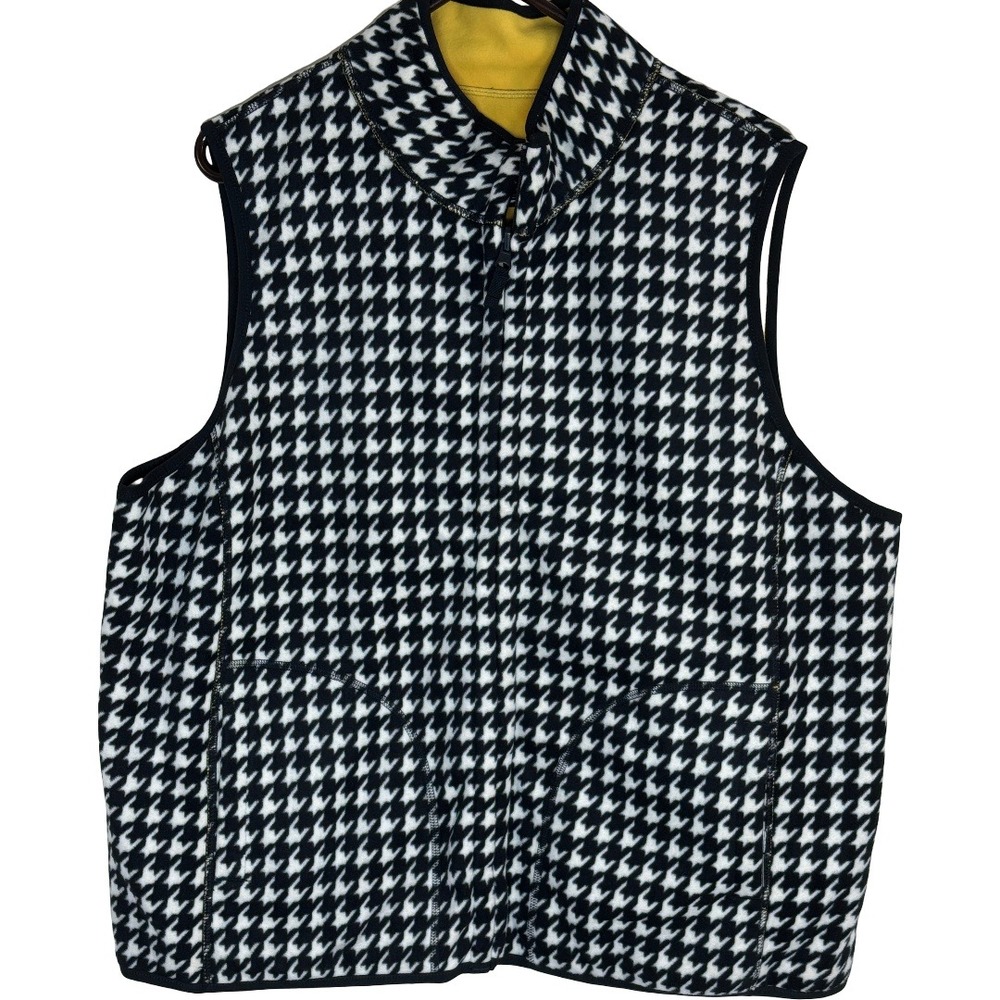 Reversible Fleece Vest Womens 2X Black White Houndstooth Mustard Yellow Full Zip - Picture 10 of 11